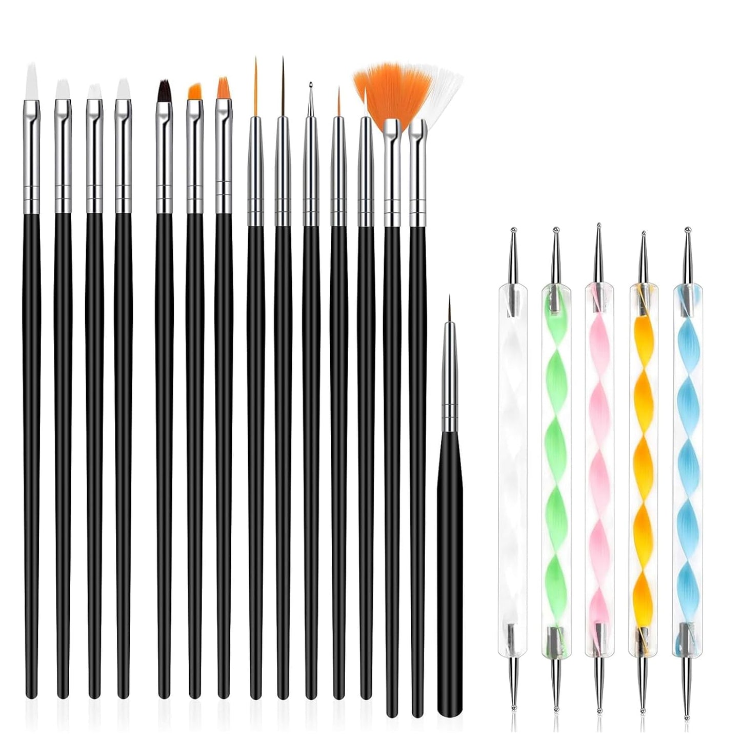 20Pcs Nail Art Brushes Tool Set, Nail Art Double-End Tools, Nail Liner Brushes, Silicone Pen Dotting Pen Tools Nail Art Kit for Home Nail Art DIY Salon Use-Black-GlimoraGlow
