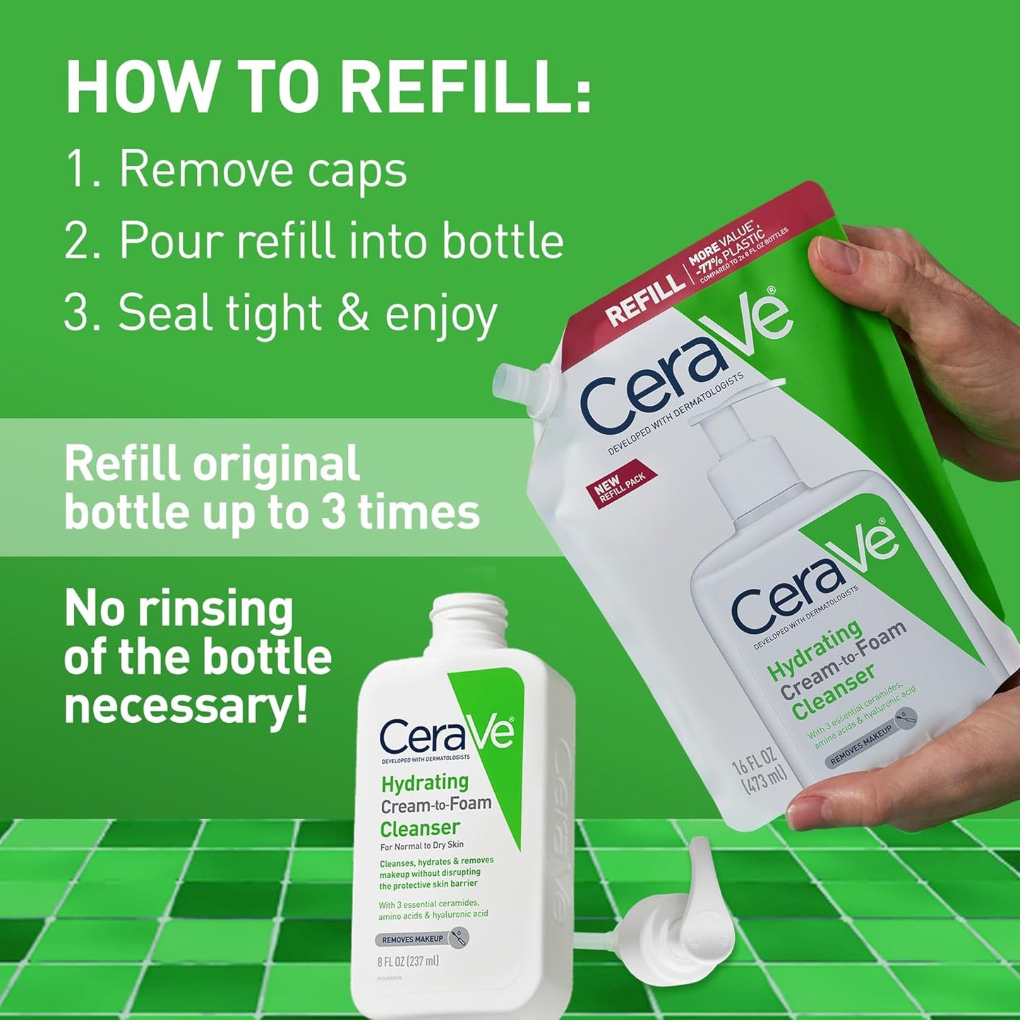 CeraVe Hydrating Cream To Foam Cleanser, Makeup Remover Face Wash For Dry Skin, Foaming Facial Cleanser With Hyaluronic Acid, Normal To Dry Skin, Fragrance Free & Non Comedogenic, 16 Ounce Refill-GlimoraGlow