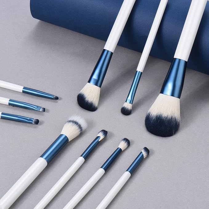 Makeup Brushes Set With Case 10Pcs White Makeup Brush Kit Foundation Eyeshadow Powder Blending Kabuki Eyebrow Eyelash Brushes Cosmetic Brush Travel Kit Gift (White+Blue)-GlimoraGlow