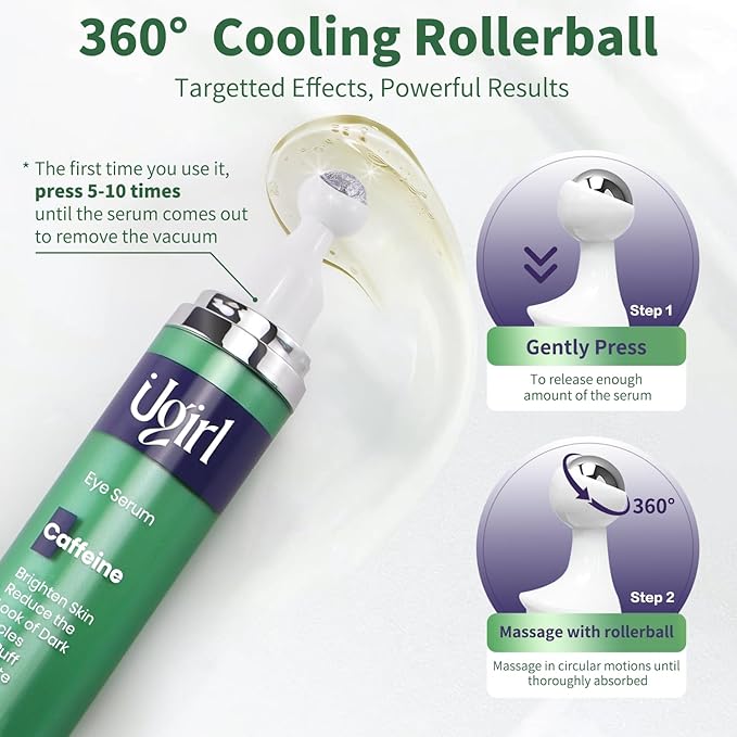 Eye Serum for Dark Circles, 5% Caffeine Under Eye Cream for Wrinkles, Morning Puffiness and Fine Lines, Deeply Repairs the Muscles Around the Eyes with 360°Massage Ball, 0.5 Fl Oz-GlimoraGlow