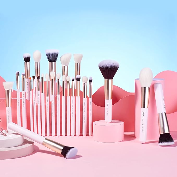 Jessup Makeup Brushes Set Professional, 25PCS Pink Premium Natural Powder Foundation Eyeshadow Blending Concealer Blusher Highlight Labeled Brushes, T290-GlimoraGlow