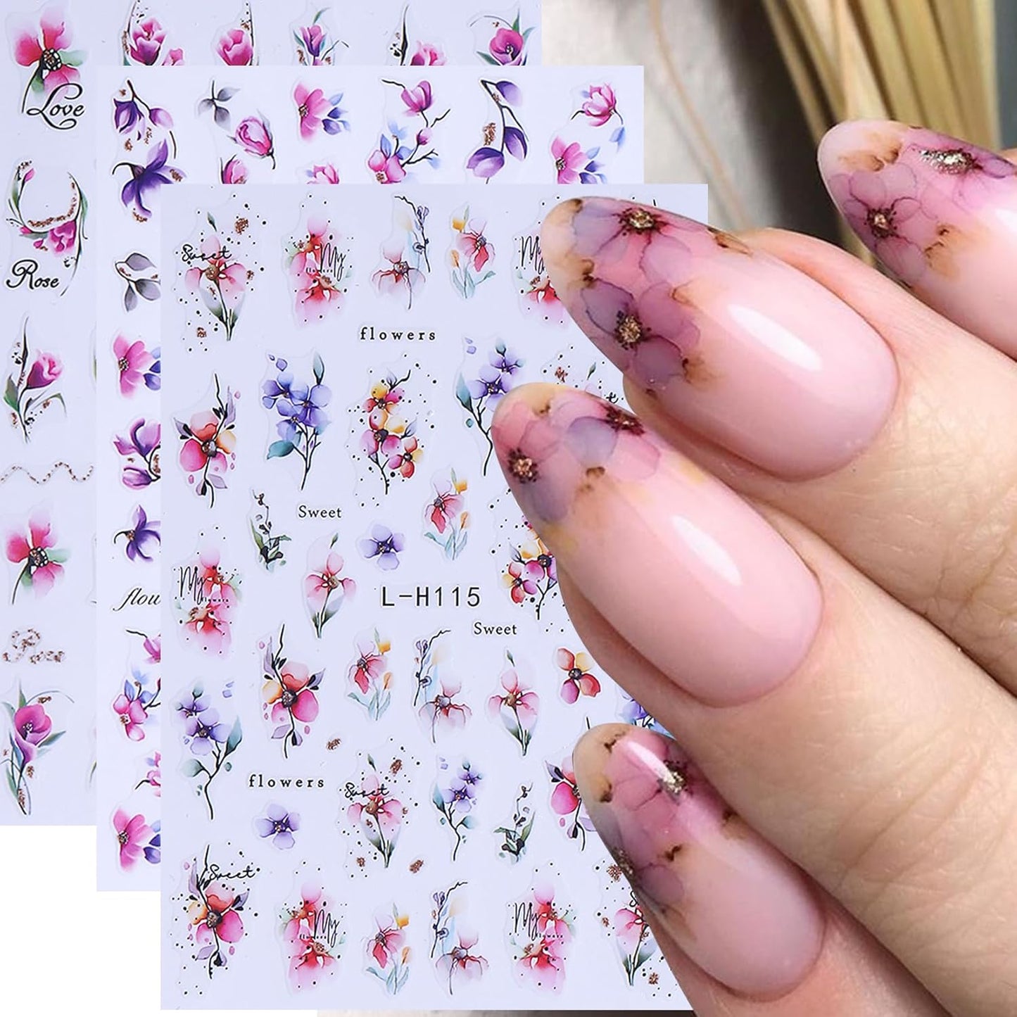 Ink Flower Nail Art Stickers 12 Sheets 3D Self-Adhesive Nail Decals with Tweezers Watercolor Floral Leaves Stickers Charming Blossom Flowers Designs Nail Art Supplies Manicure Accessories for Women-GlimoraGlow