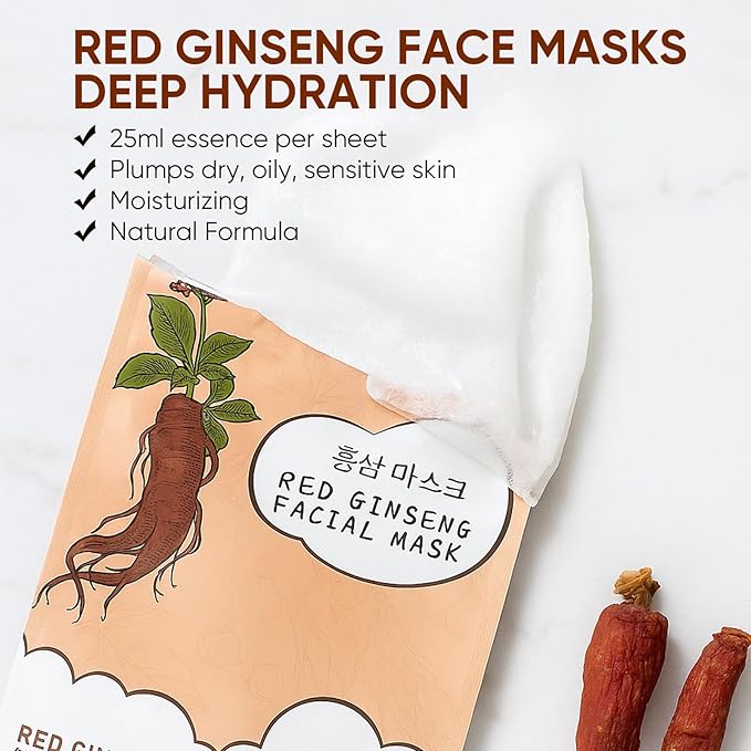 10Pack Sheet Face Masks Skincare for All Skin Types, Moisturizing Hydrating Face Masks Suitable for Sensitive Skin, Red Ginseng Face Masks for Wrinkles, Fine-Lines, Firmness and Elasticity-GlimoraGlow