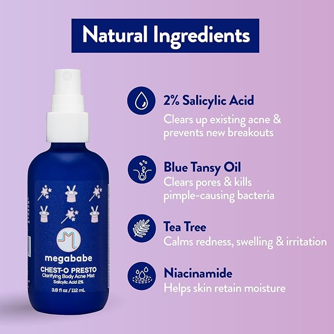 Megababe Chest-o Presto | Clarifying Body Acne Mist | Benzoyl Peroxide Free | 3.8 fl oz-GlimoraGlow