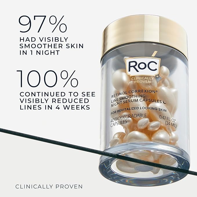 RoC Retinol Correxion Anti-Aging Wrinkle Night Serum, Retinol Serum for Face, Daily Treatment for Fine Lines, Post Acne Scars, 80 Capsules (Limited Edition Value Set), Unscented-GlimoraGlow