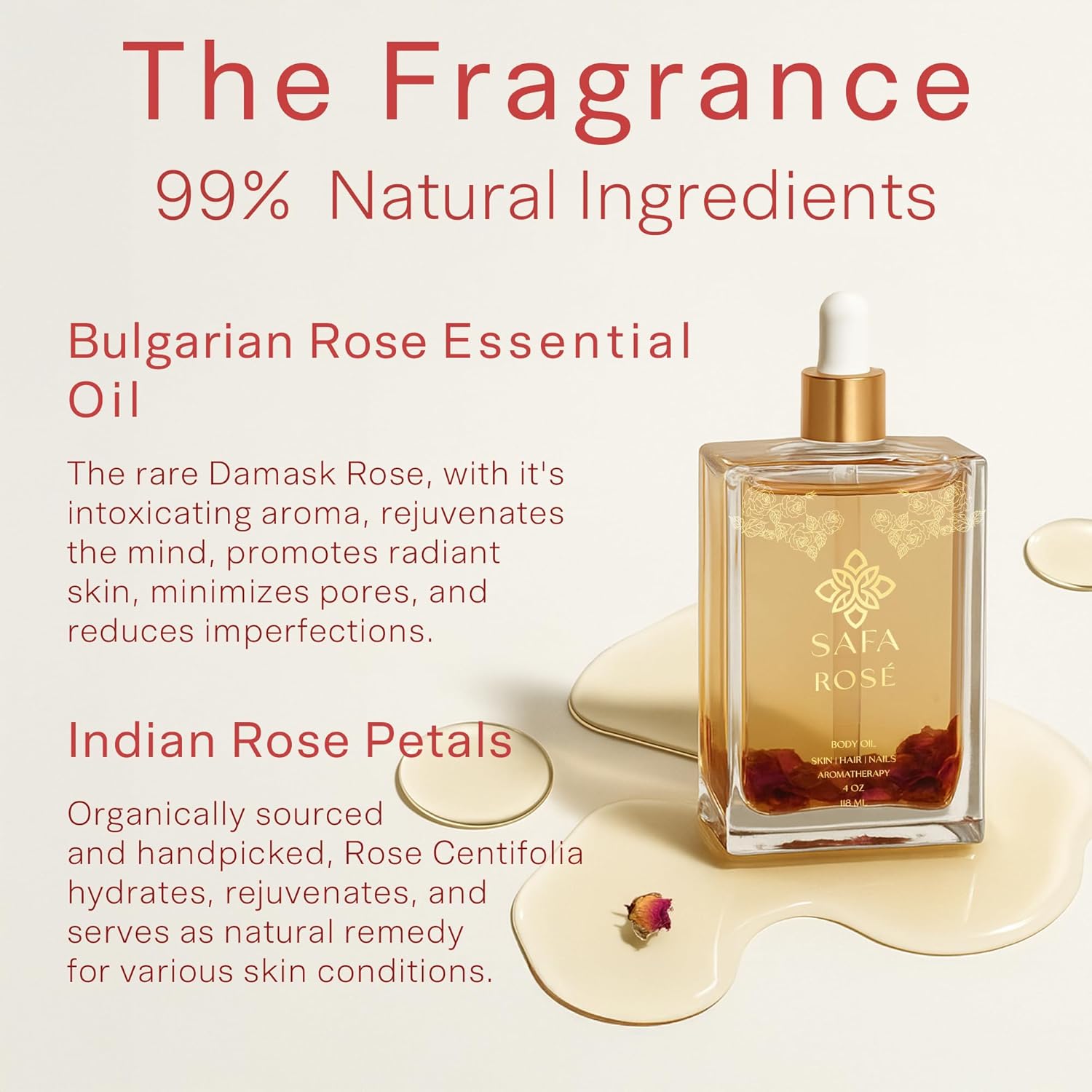 SAFA Rosé Oil - Organic Rose Essential Oil for Face, Body, Hair, Nails & Aromatherapy | After Shower Body Oil | Skin Moisturizer - Natural Scented Perfume for Women - 4 Fl Oz-GlimoraGlow