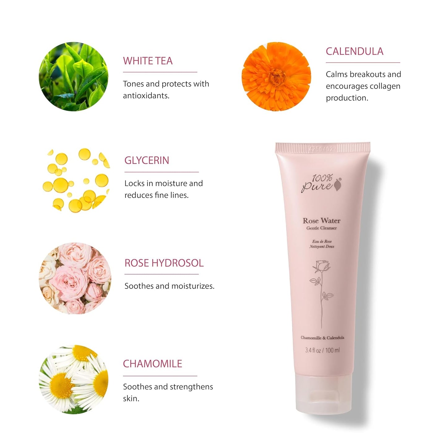 100% PURE Rose Water Gel Cleanser Deeply Moisturizing Hydrating Face Wash with Chamomile & Calendula to Soothe & Replenish Dry, Dehydrated Skin - Vegan - 3.4oz-GlimoraGlow