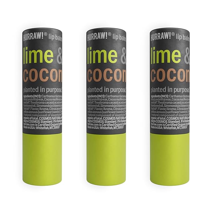 Hurraw! Lime & Coconut Lip Balm, 3 Pack: Plastic-Free with new cardboard push-up tube. Certified Organic, All Natural Origin, Vegan & Cruelty Free. Gluten Free. Bee, Shea, Soy & Palm Free. Made in USA-GlimoraGlow