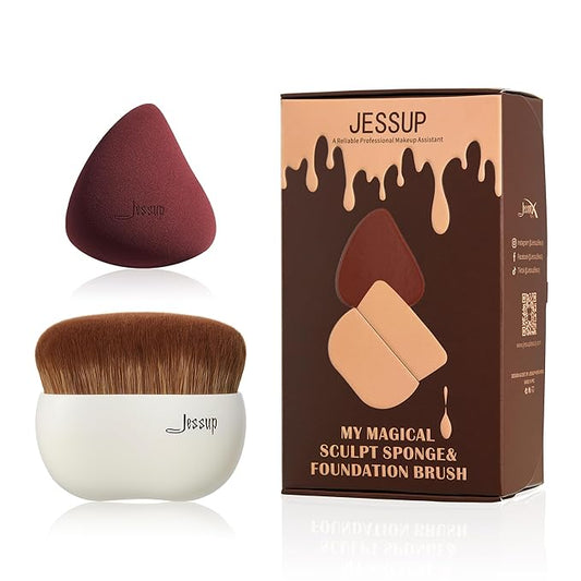 Jessup Makeup Brush Foundation Brush with Makeup Sponge 1pc Kabuki Brush for Liquid, Cream or Flawless Powder Cosmetic Face Boby Brush, T882-GlimoraGlow