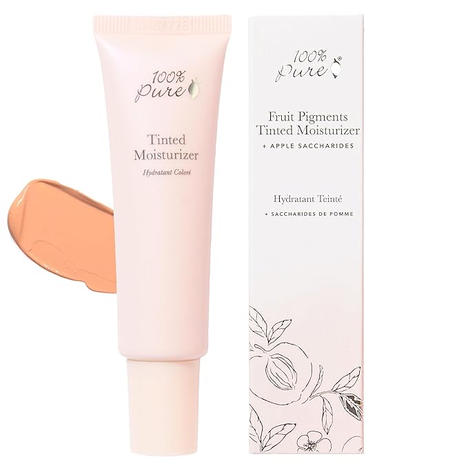 100% PURE Tinted Moisturizer Anti-Aging Face Makeup - Fruit Pigmented Golden Peach Light to Medium Coverage & Dewy Glow - Lightweight Foundation Medium-Tan Skin w/Yellow Undertone - Vegan - 1 Fl Oz-GlimoraGlow