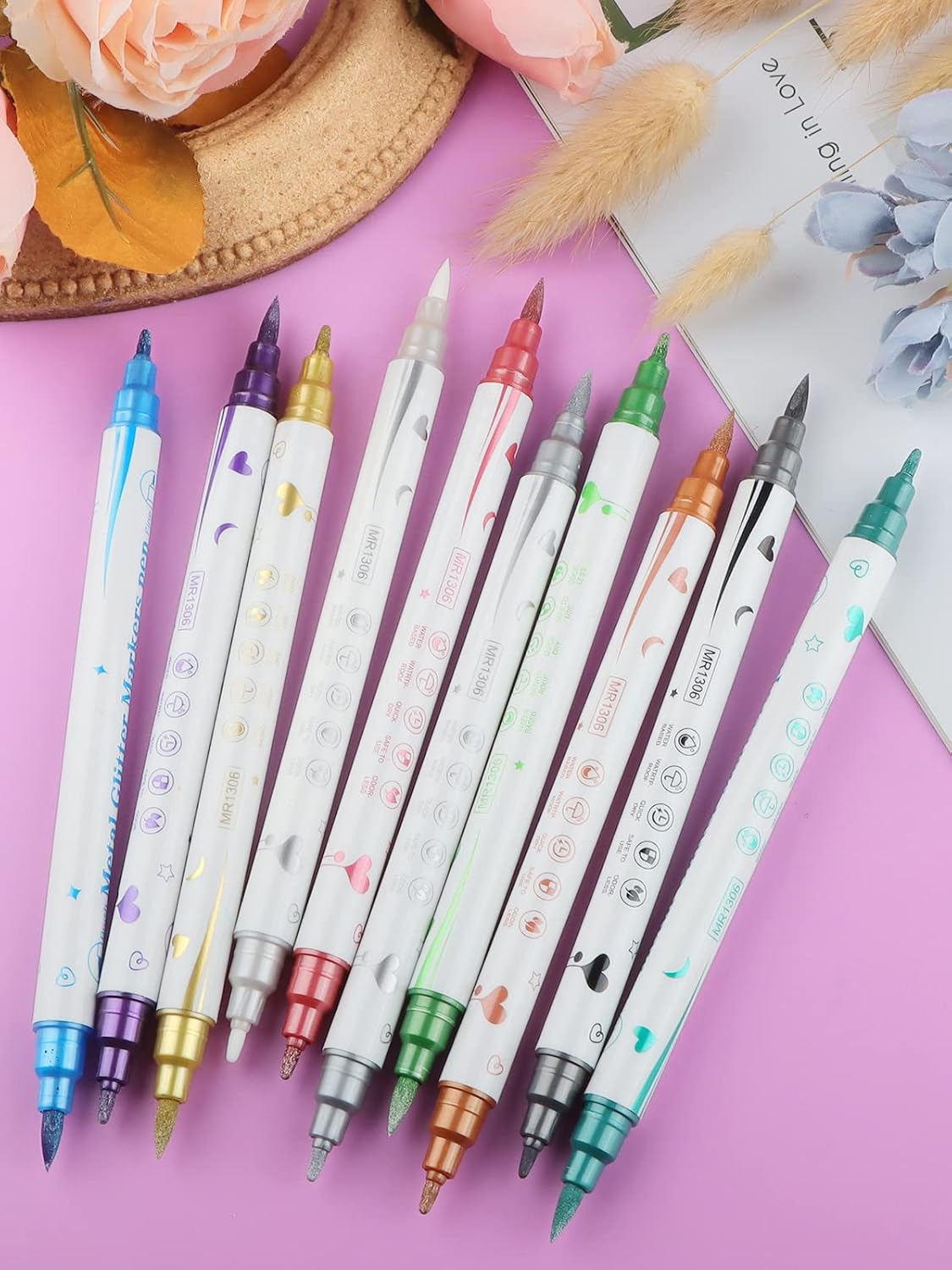 10 Color Metal Giltter 3D Nail Art Pens Set, Kalolary Double-ended Nail Point Dotting Pen Drawing Painting Liner Brush for DIY Nail Art Beauty Adorn Manicure Tools(G)-GlimoraGlow