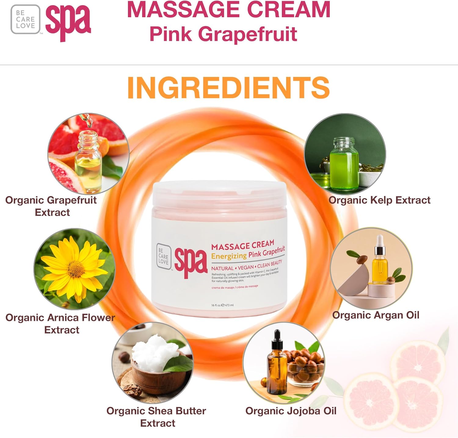 BCL SPA Massage Cream - Body Lotion & Body Cream with Organic Pink Grapefruit, Shea Butter, Aloe Vera, Vitamin E, Argan, and Almond Oils - Nourish & Revitalize skin. Home/Professional use 16 fl oz-GlimoraGlow