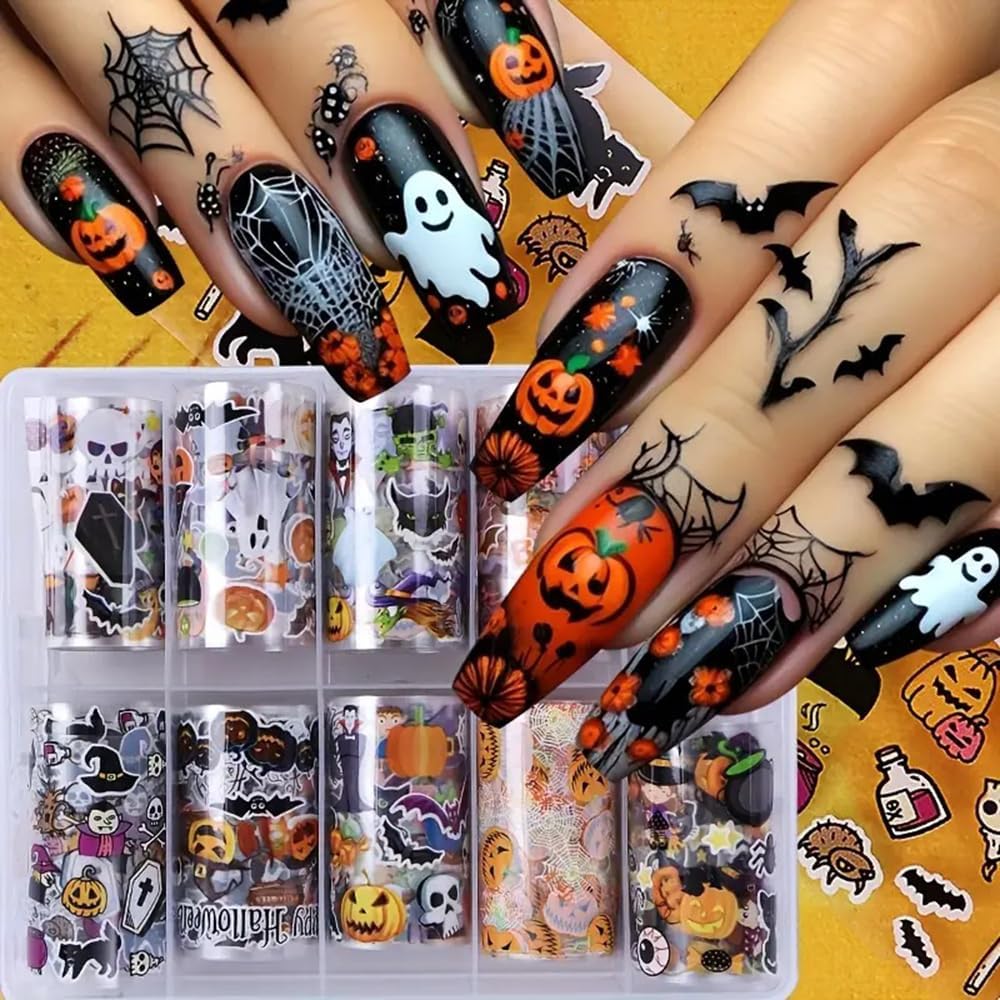 10 Rolls Halloween Nail Foil Transfer Stickers Decals, Kawaii Halloween Nail Polish Sheets Sky Starry Paper Transfer Foils Cartoon Pumpkin Skeleton Glue Women Manicure Nail Film Decorations-GlimoraGlow