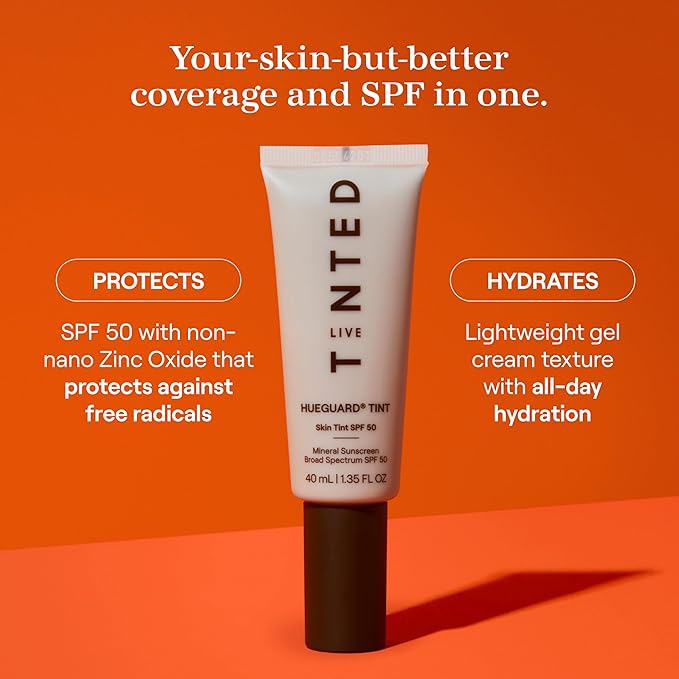 Live Tinted Hueguard Skin Tint SPF 50 - Tinted Mineral Sunscreen with Light-Medium Buildable Coverage With a Hydrating and Radiant Finish - Water and Sweat Resistant, 1.35 fl oz - Shade 07-GlimoraGlow
