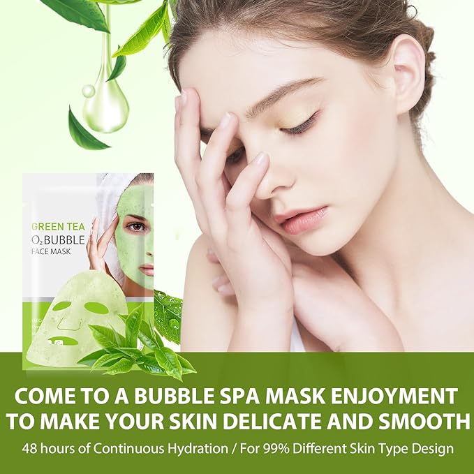 10 Sheets Face Masks Skincare O2 Bubble Green Tea Face Mask, Cleaner Bubble Sheet Masks Foaming Purifying Facial Mask for Pores, Moisturizing Spa Face Masks Skin Care For All Skin Type-GlimoraGlow