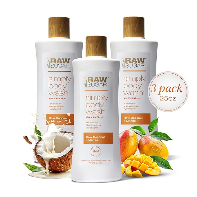 RAW SUGAR Simply Body Wash - Raw Coconut + Mango, Moisturizing & Soothing Bath & Shower Gel, Sulfate-Free, Paraben-Free & Vegan (Pack of 3)-GlimoraGlow