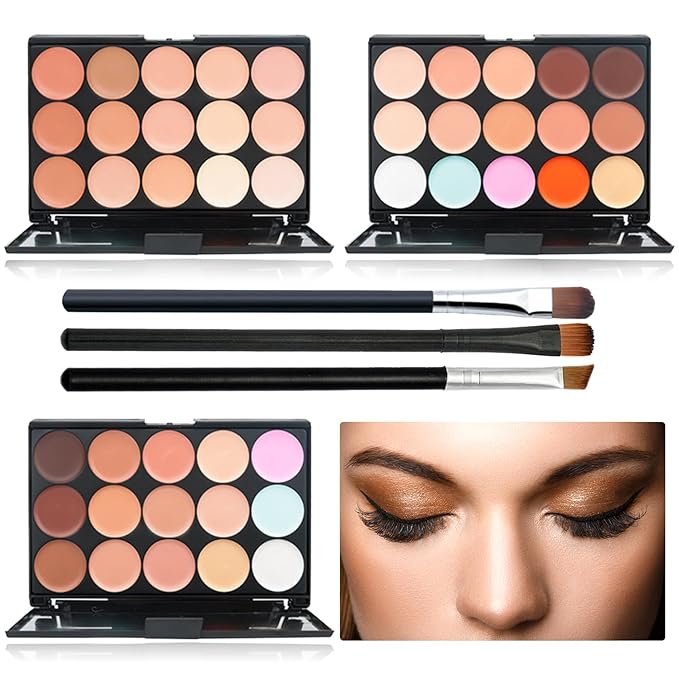 15 Color Contour Palette,Waterproof Long Lasting Facial Correcting Concealer Palettes,Cream Foundation Makeup Palettes with Brushes,Color Correcting Palettes for Women (3 Pack)-GlimoraGlow