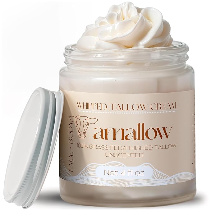 Amallow 100% Grass Fed Beef Tallow for Skin Care - Face + Body - Whipped Moisturizer for Sensitive Skin - Natural Lotion, 4 FL. oz. (Unscented)-GlimoraGlow