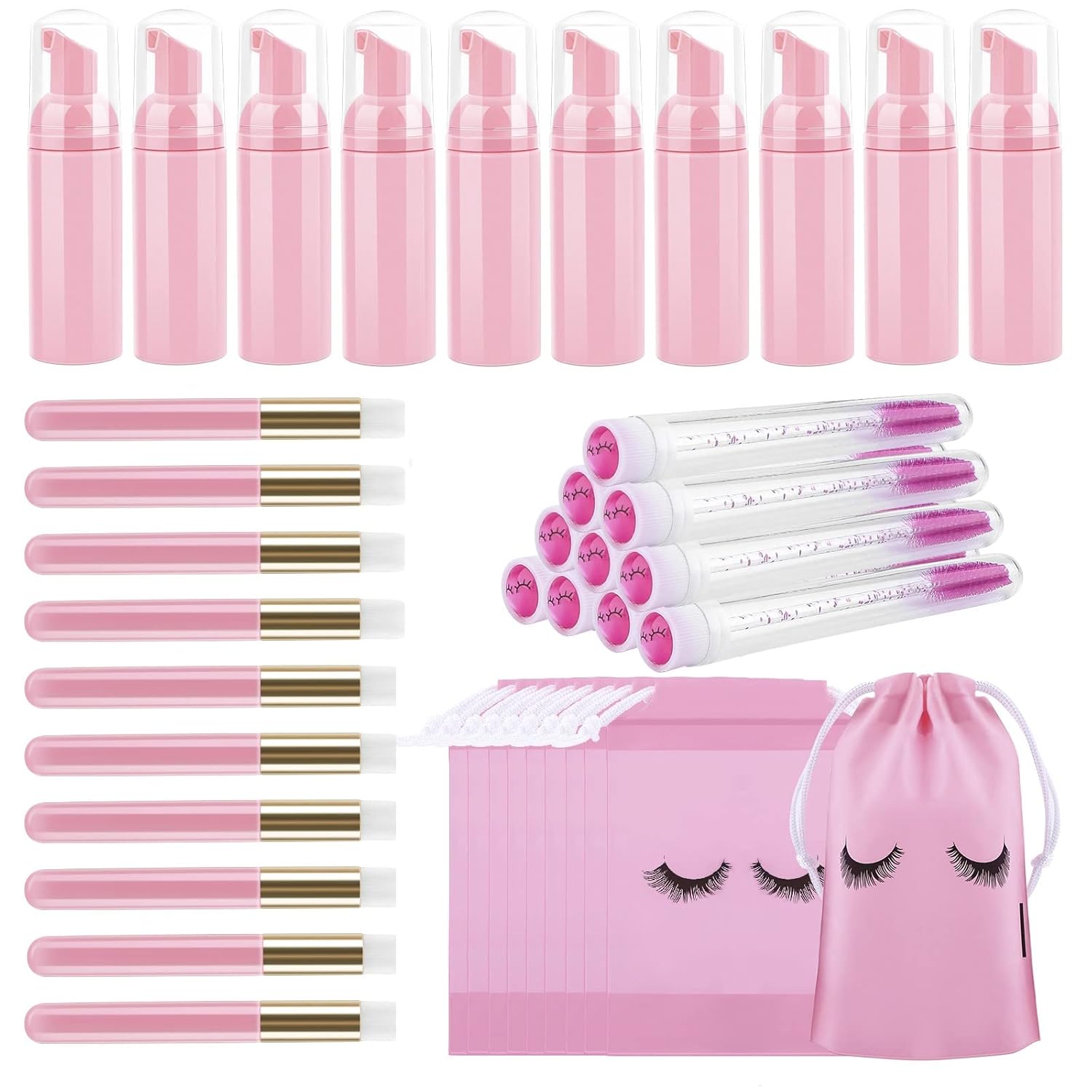 homicozy 40 Pcs Lash Shampoo Bottle Brushes Set, 10 Pcs Lash Shampoo Brushes, 10 Pcs Lash Brushes Tubes, 10 Pcs Eyelash Shampoo Dispensers, 10 Pcs Lash Aftercare Bag for Clients, Women,Girls (Pink)-GlimoraGlow