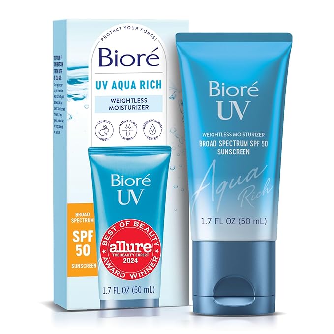 Bioré UV Aqua Rich Daily Hydrating Facial Moisturizer with SPF 50 | Oil Free Sunscreen & Primer for Makeup with Hyaluronic Acid, No White Cast, Non-Comedogenic, For Sensitive Skin, PA++++, 1.7 Oz-GlimoraGlow