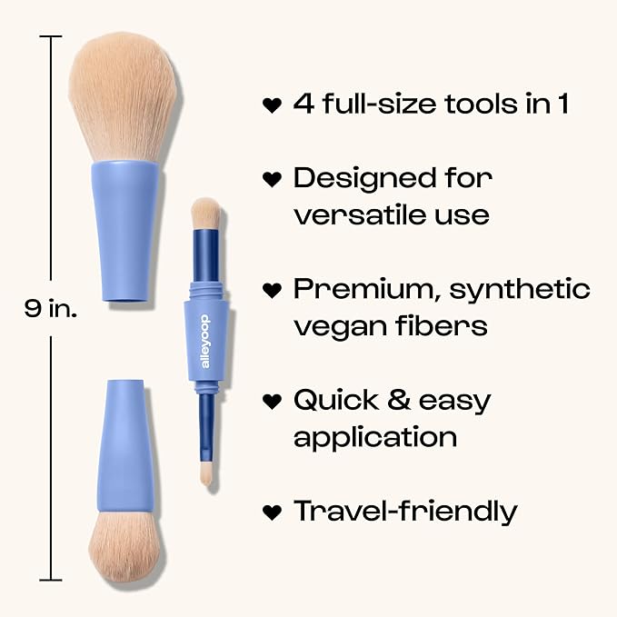 Alleyoop Overachiever 4-in-1 Travel Makeup Brush Set – Powder, Blending, Precision & Complexion Brushes – Mini Makeup Brush for Women, Vegan, Multi-Use & Travel-Friendly Makeup Tool-GlimoraGlow