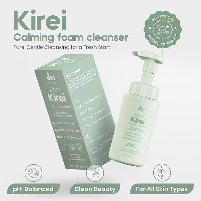 KIREI Foam Cleanser - Gentle Face Wash for Women with Aloe Vera & Cucumber Extract, Hydrating & Soothing, Dermatologically Tested, Suitable for Sensitive Skin, Paraben-Free-GlimoraGlow