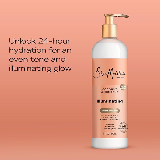 SheaMoisture Illuminating Body Lotion with Coconut Oil, Hibiscus, Niacinamide and Pro-Ceramides, Instantly Enhancing Skin's Natural Glow, 24H Moisturizing 16 oz-GlimoraGlow
