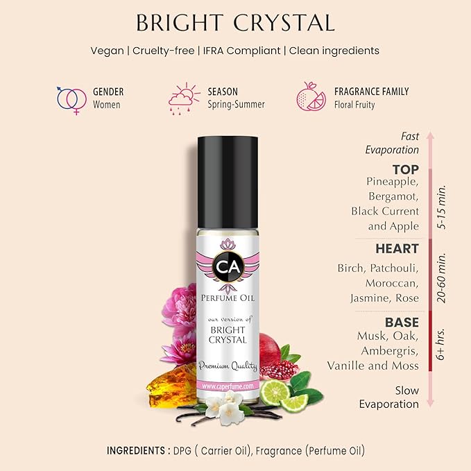 CA Perfume Impression of Bright Crystal For Women Replica Fragrance Body Oil Dupes Alcohol-Free Essential Aromatherapy Sample Travel Size Concentrated Long Lasting Attar Roll-On 0.3 Fl Oz/10ml-GlimoraGlow