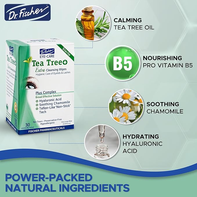 Dr. Fischer Tea Tree Oil Eye Wipes - Eyelid Wipes for Sensitive Eyes with Hyaluronic Acid and Chamomile, Makeup Remover, Daily Cleanser (30 wipes)-GlimoraGlow
