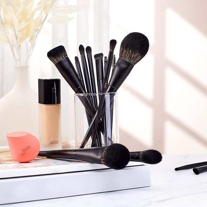 Makeup Brushes Set Jessup Make up Brushes 14Pcs Black Kabuki Foundation Eyeshadow Contour Concealer Powder Eyeliner Crease Eyebrow Blending Brush, T336-GlimoraGlow