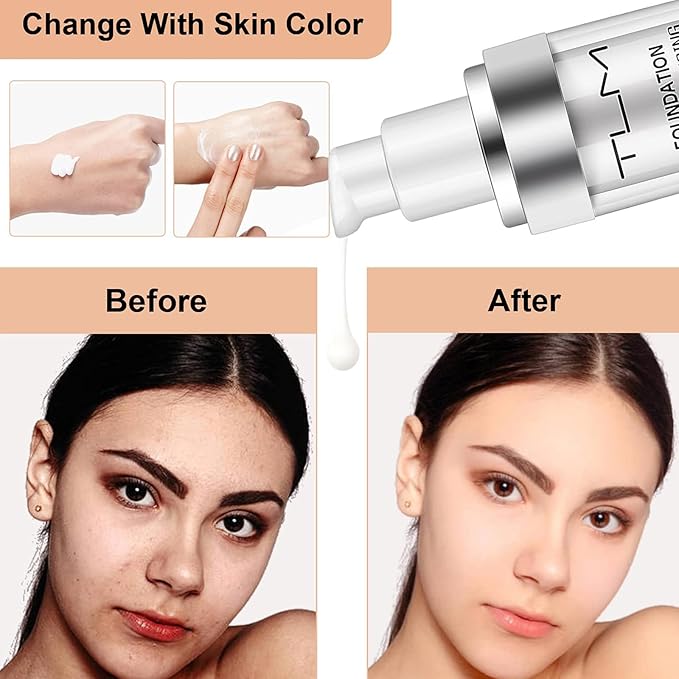 2 PACK TLM Color Changing Foundation Liquid Base,TLM Concealer Cover Cream,All Day Flawless Warm Skin Tone BB Cream Makeup Base Concealer for All Skin SPF15-GlimoraGlow