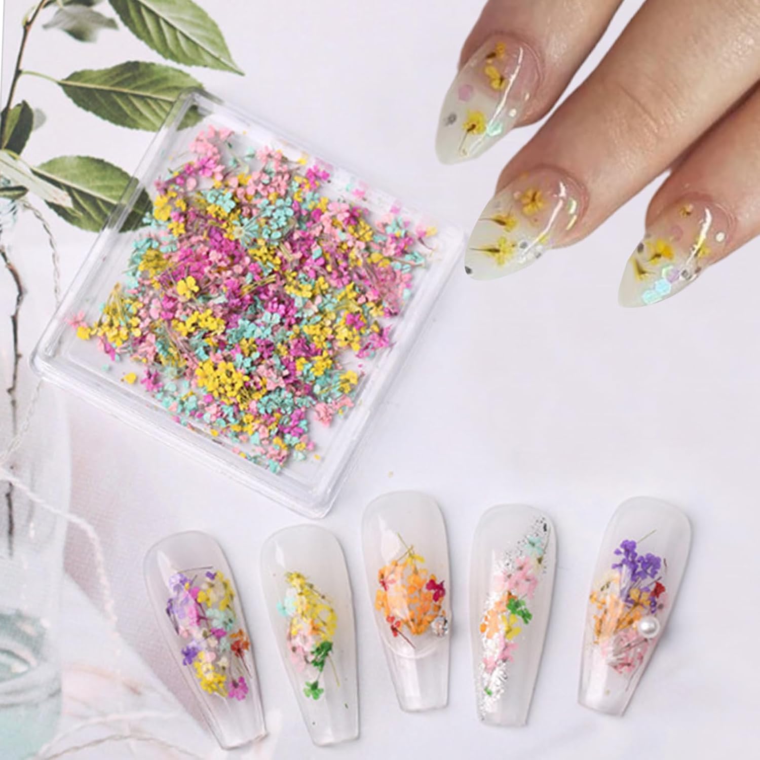 1 Box of Dried Flower Nail Stickers, Colored Dried Flower Nail Stickers, mini Real Flowers, Natural Flowers, 3D Baby's Breath Floral Art, Ladies and Girls DIY Nail Art Decoration-GlimoraGlow