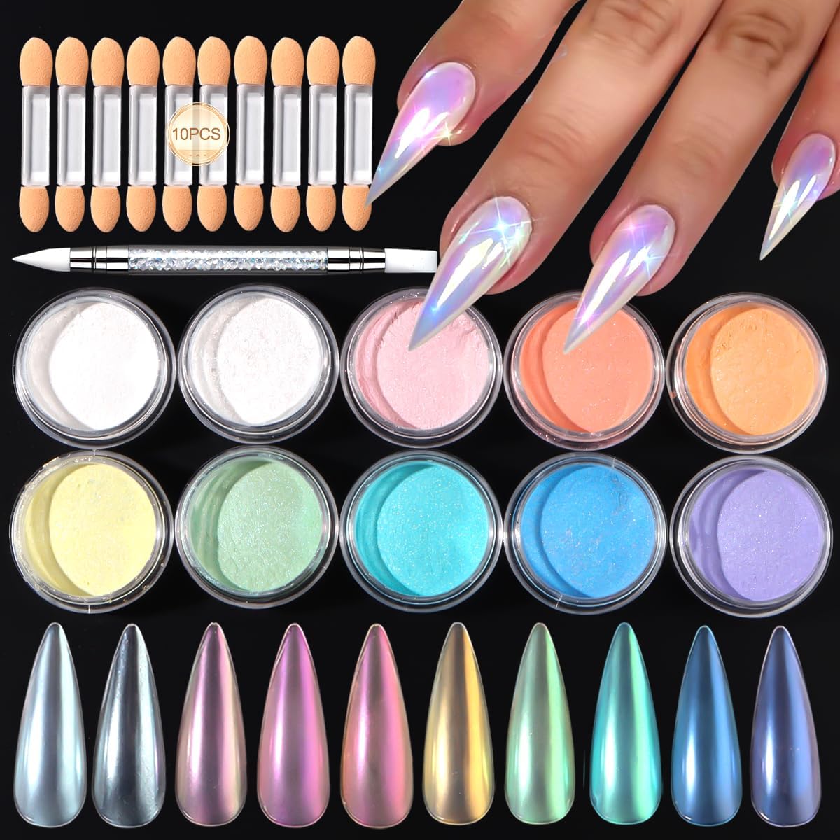 10 Colors Mermaid Pearl Chrome Nail Powder, Iridescent Aurora Powder Metallic Mirror Effect Pigment Pearlescent Nail Art Glitter Dust Kit for Gel Polish Nail Art Decoration-GlimoraGlow