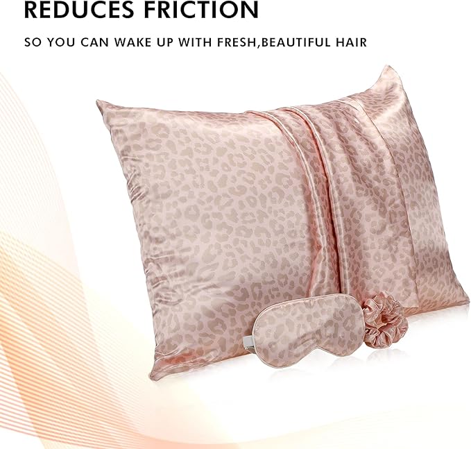 2 Pack Satin Pillowcase with Latent Zipper, Adjustable Satin Eye Mask for Sleeping and Satin Volume Scrunchie for Hair and Skin, Standard Size (Pink, Leopard Style)-GlimoraGlow