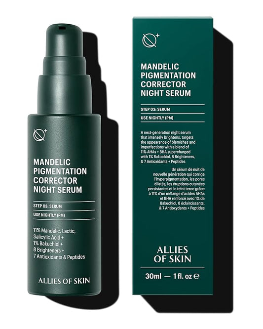 Allies of Skin Mandelic Pigmentation Corrector Night Serum | Gentle Acne Face Serum with Bakuchiol, Niacinamide & Salicylic Acid | Anti-Aging Formula to Reduce Pores and Even Skin Tone (1 oz)-GlimoraGlow