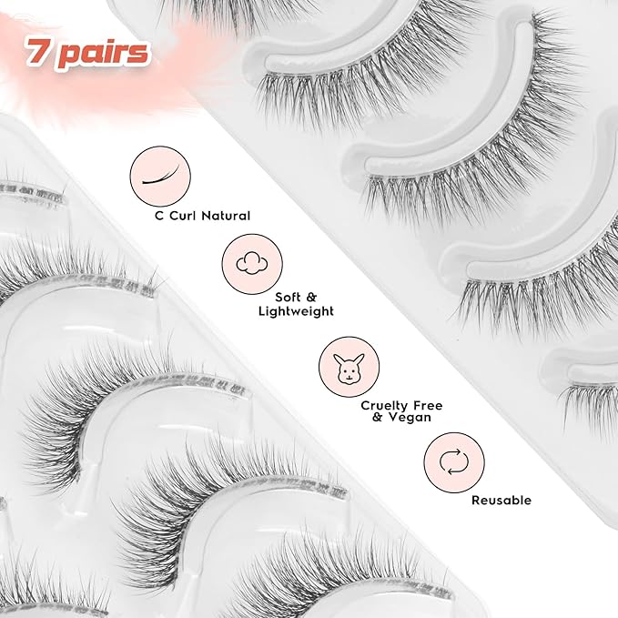 Natural Lashes Wispy Eyelashes 11MM Short Eye Lashes Pack 3D Volume Strip Lash Pack False Eyelashes Natural Look 7 Pair Siligli-GlimoraGlow