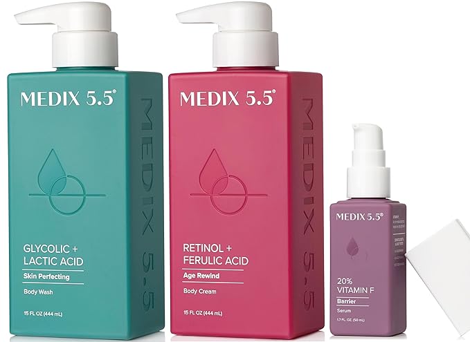MEDIX Anti Aging Skin Care 3PC Set | Retinol Body Cream + Exfoliating AHA Glycolic Acid Foaming Face & Body Wash + Vitamin F Booster Serum, Wash + Treat + Hydrate Skincare Set-GlimoraGlow
