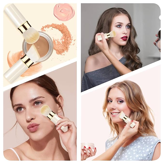 Makeup Brush, Retractable 2 Pack Travel Kabuki Powder Makeup Brush, Foundation Face Blush Brushes for Blending Liquid, Blush, Bronzer, Buffing, Sunscreen,Flawless Cosmetics-GlimoraGlow