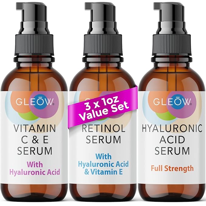 Retinol Serum for Face, Vitamin C with Hyaluronic Acid Face Serum for Women and Men, Glow Skin Care Set Total Package Targets Appearance of Uneven Skin Tone and Dryness 3x1oz-GlimoraGlow