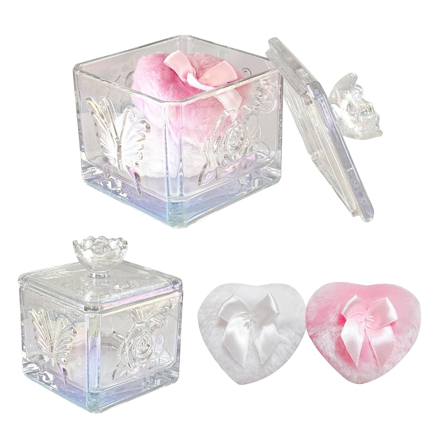 Body Powder Puff and Container - Glass Dusting Powder Container with 2 Soft Puffs – Vintage Powder Puff Case for Women & Girls (3.74x3.74x4.53 H in)- GRB013-Multi-GlimoraGlow