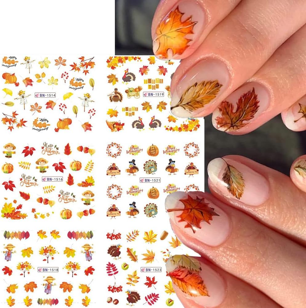 12 Sheets Fall Maple Leaf Nail Art Stickers Autumn Water Transfer Nail Decals Thanksgiving Day Nail Art Supplies Turkey Pumpkin Leaves Scarecrow Nail Design Slider Stickers for Women Nail Decorations-GlimoraGlow