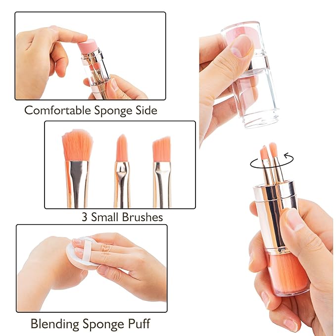 kullder 5-in-1 Makeup Brush Travel Makeup Brush set Dual Ended Mini Makeup Brush Pen Foundation Powder Concealer Shadow Blush Makeup Brushes with 2 Sponge Puff Womens Gift Idea for Beauty Lover-GlimoraGlow