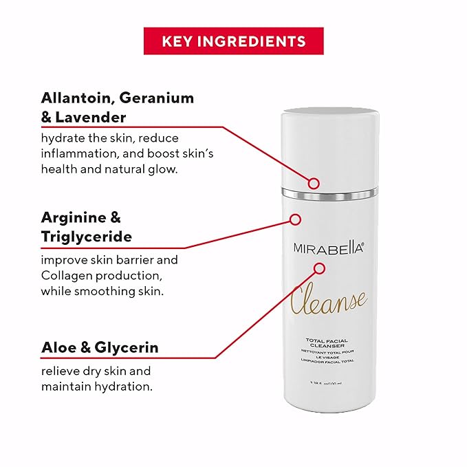 Mirabella Cleanse Total Facial Cleanser - Hydrating Gentle Cream Cleanser for All Skin Types - Face Cleanser & Makeup Remover - Face wash for Sensitive Skin & Oily Skin Formula-GlimoraGlow