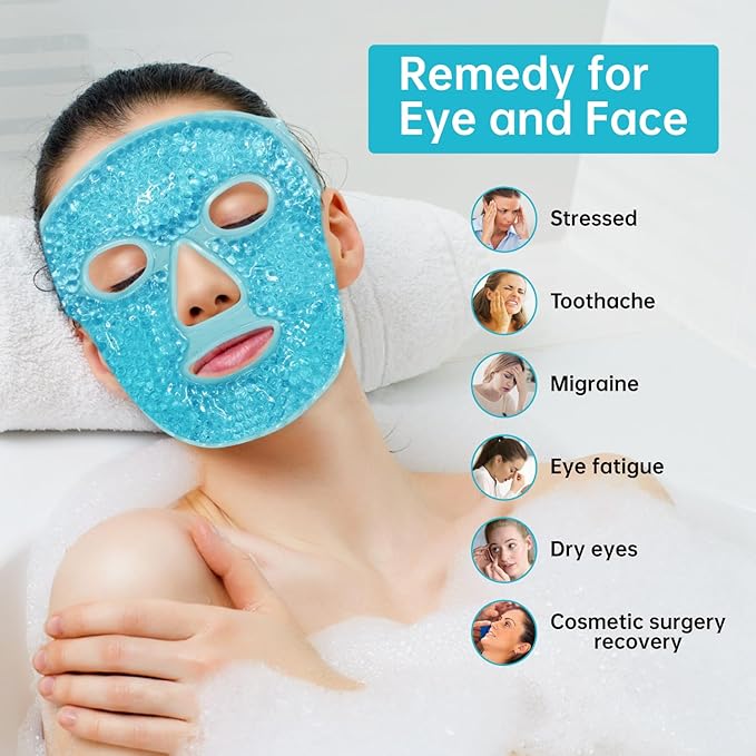 Ice Pack Face Eye Mask for Dark Circles and Puffiness,Gel Cold Cooling Face Mask for Migraines, Headache, Stress and Relaxation (Blue)-GlimoraGlow
