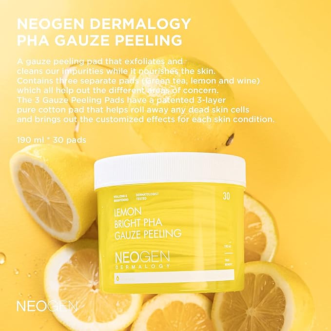 NEOGEN Lemon PHA Gauze Peeling Pads (30 pads) - Exfoliating Peeling Pad with AHA, BHA, PHA, LHA & Lemon & Glutathione & Niacinamide - Korean Skin Care-GlimoraGlow