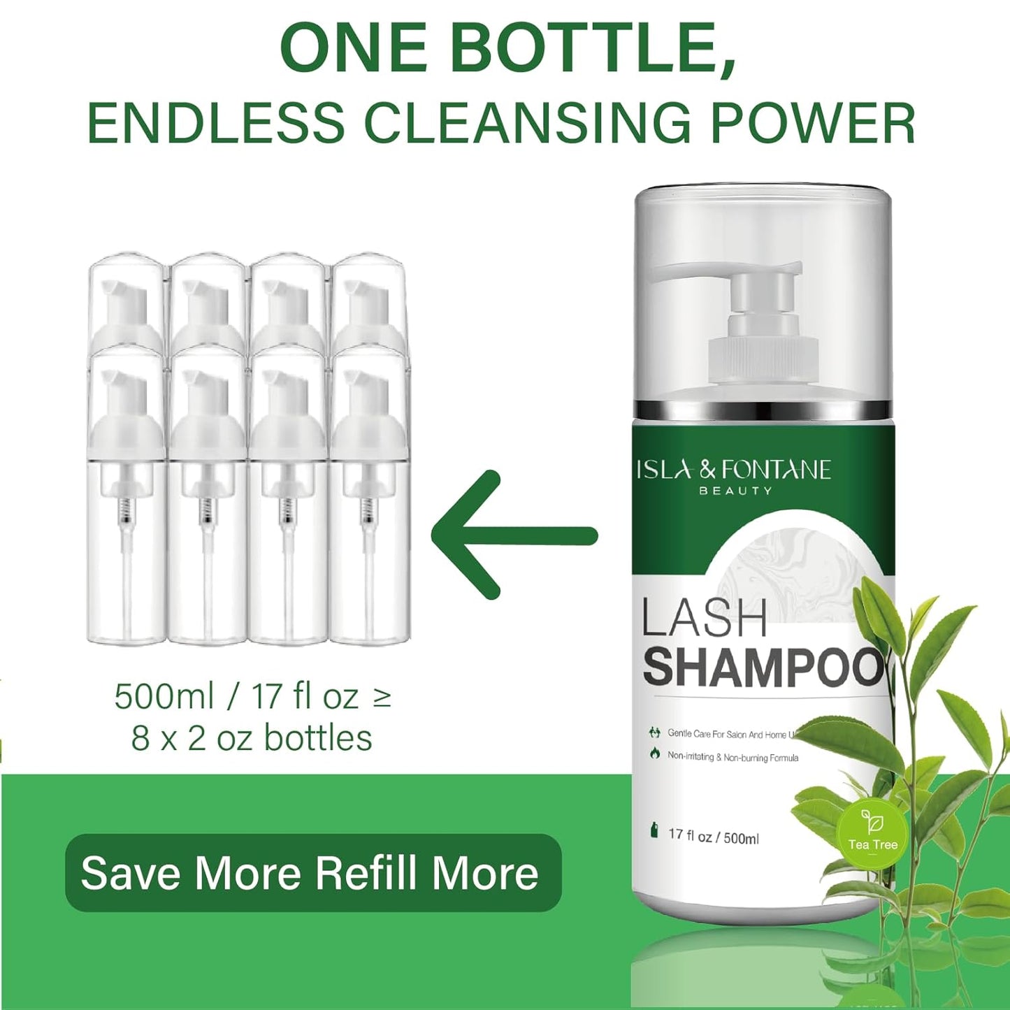 ISLA & FONTANE Lash Shampoo Bulk – Multi-Scent Series – 17 fl oz / 500ml | Gentle Eyelash Cleanser for Lash Extensions | Non-Irritating | Professional Lash Bath Foam For Salon And Home Use (Tea Tree)-GlimoraGlow