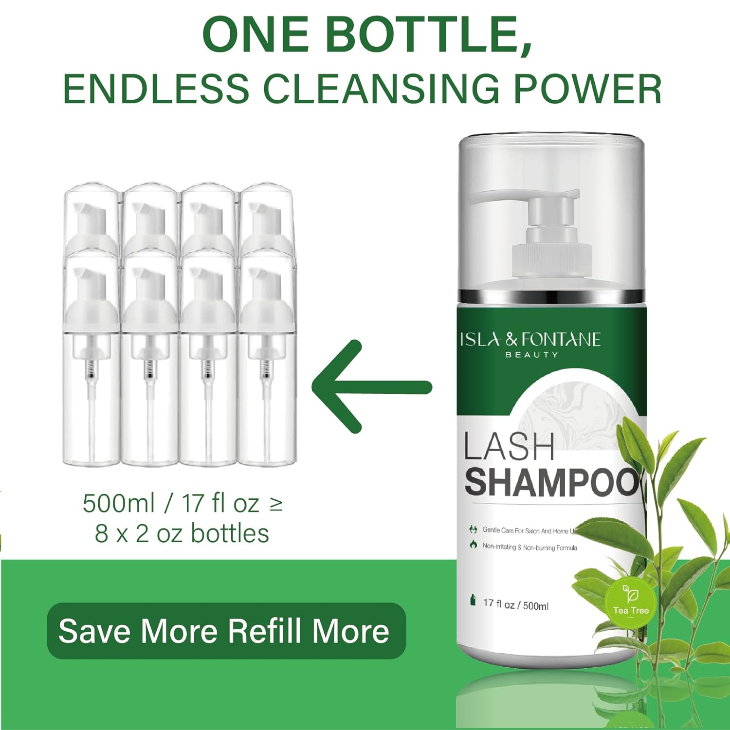 ISLA & FONTANE Lash Shampoo Bulk – Multi-Scent Series – 17 fl oz / 500ml | Gentle Eyelash Cleanser for Lash Extensions | Non-Irritating | Professional Lash Bath Foam For Salon And Home Use (Tea Tree)-GlimoraGlow