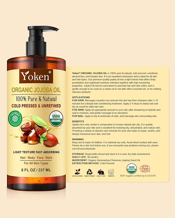 Yoken USDA Organic Jojoba Oil Cold Pressed 8 fl oz, 100% Pure & Natural Unrefined Jojoba Oil for Face Hair & Skin Massage, Hexane Free, Deeply Moisturizing Body Carrier oils Multi-Purpose Serum-GlimoraGlow