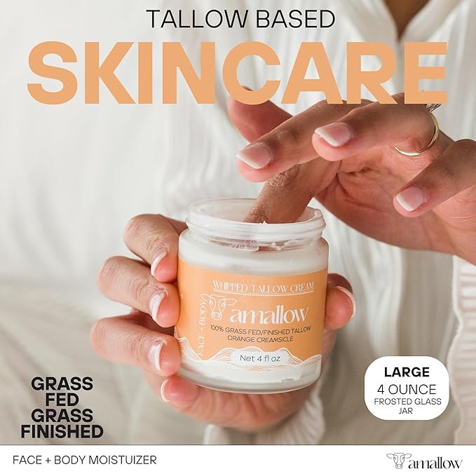 Amallow 100% Grass Fed Beef Tallow for Skin Care - Face + Body - Whipped Moisturizer - Natural Lotion, 4 FL. oz. (Orange Creamsicle)-GlimoraGlow