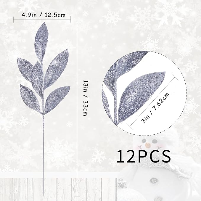 GREENTIME 12 Pack Artificial Silver Glitter Leaves 13" Fake Christmas Picks Decorative Glitter Sticks for Vase Christmas Tree DIY Wreath Crafts Fireplace Decor